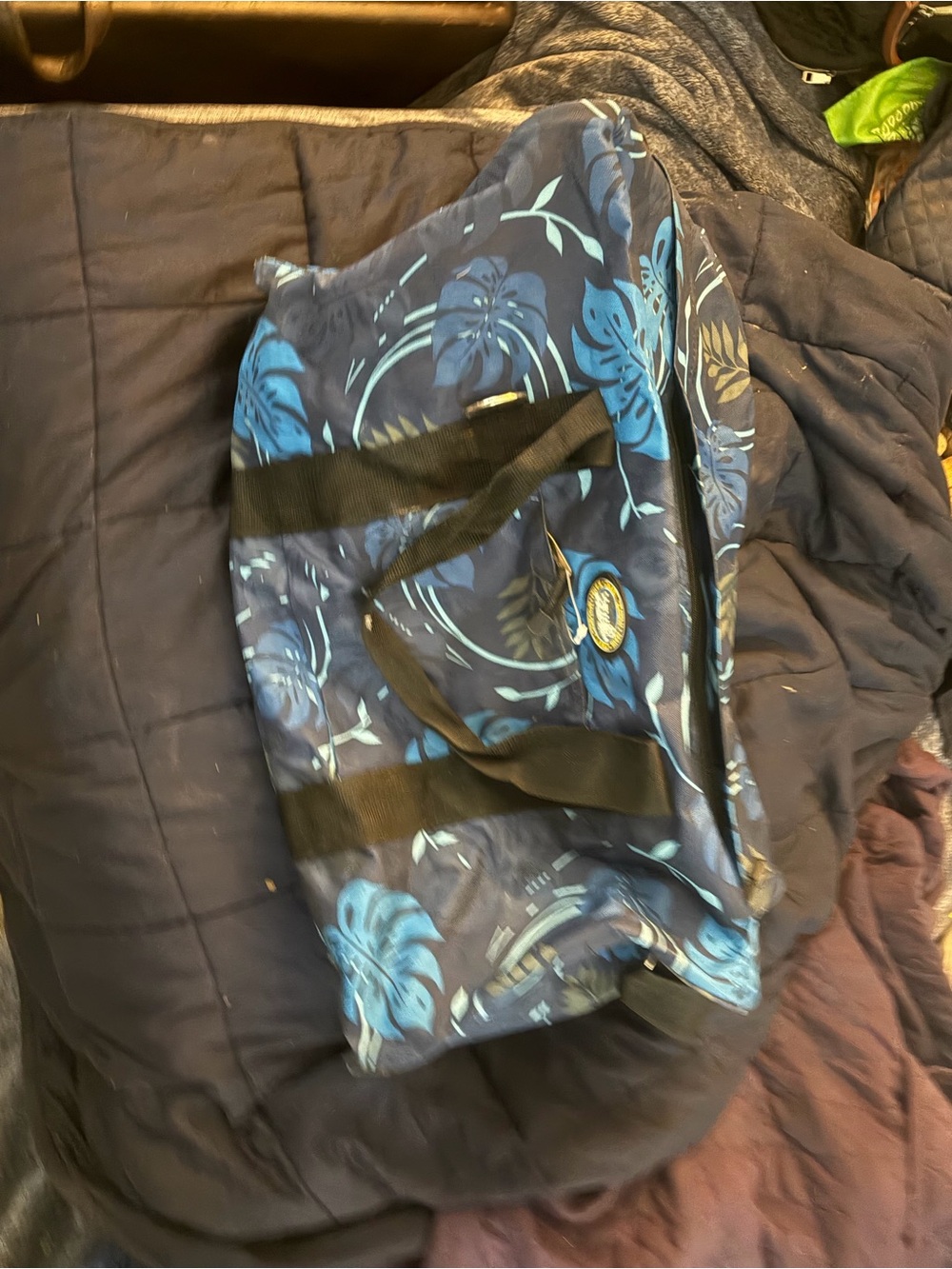 Blue Floral Travel Duffel Bag with Black Straps